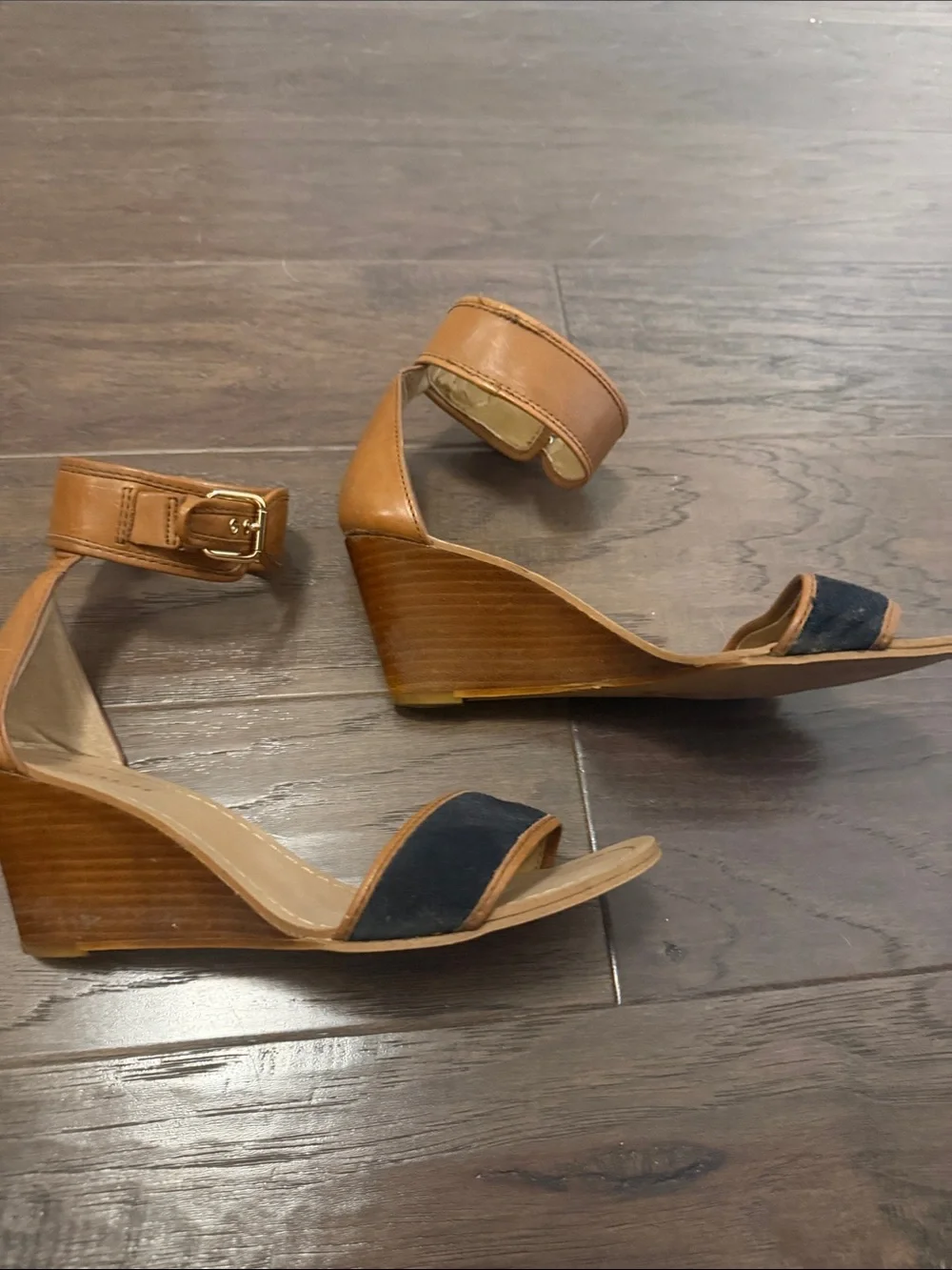 Coach Tan Leather & Navy Strap Wedge Sandals
